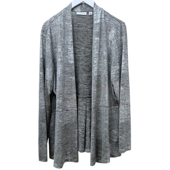 SUSAN GRAVER Silver Metallic Cardigan Size XL Stretch Liquid Knit Evening Top - Picture 1 of 8